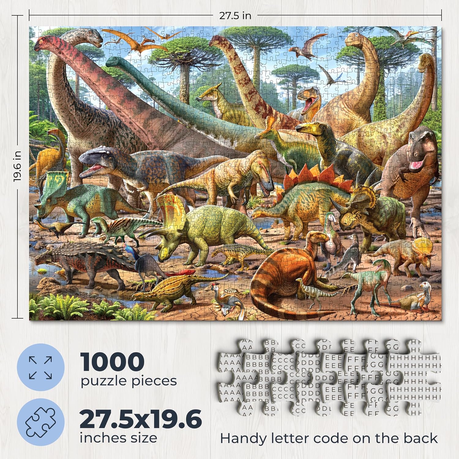 Dinosaur Scene - Jigsaw Puzzles for Adults 1000 Pieces - Hand Drawn Illustration - 1:1 Poster with Dino Names & Marks Included - Thick Cardboard No Puzzle Dust - Fun & Engaging Screen-Free Time