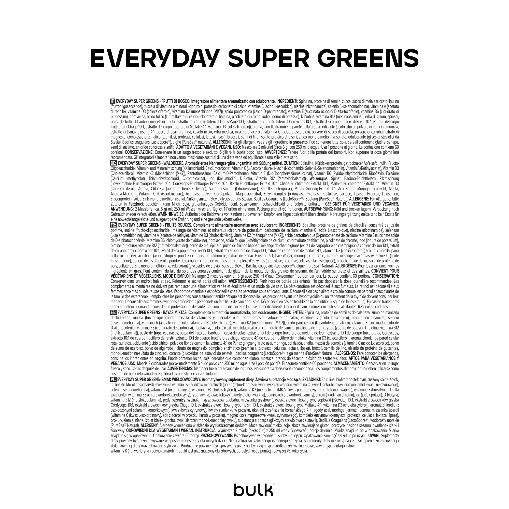 Bulk Everyday Super Greens Poudre | Fruits Rouges | 60 Portions | Avec 50 Vitamines, Minéraux & Superaliments | Riche en Vitamine C, D & B12 | Soutient Immunité & Bien-être