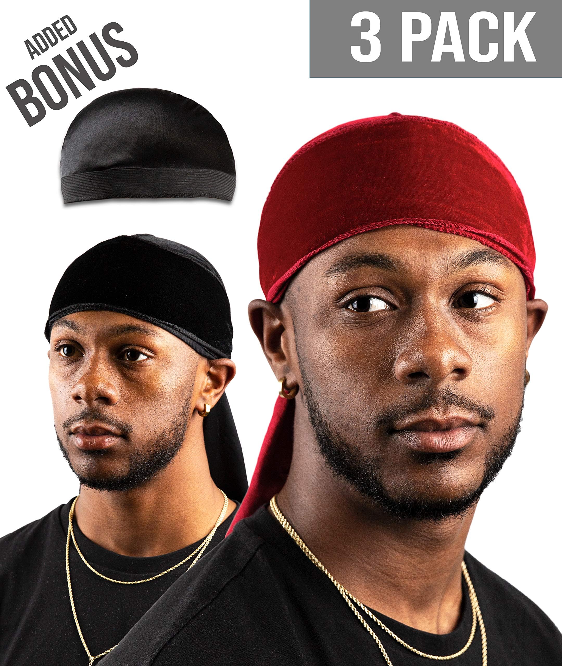 Premium Velvet Durag For Men by Royal Waves | Pack Of 3 | Red & Black Wave Caps + Bonus Dome Cap | Extra Long & Wide Straps, One Size Fits All | Deluxe Supreme Rags For 360 Waves & Wavebuilder