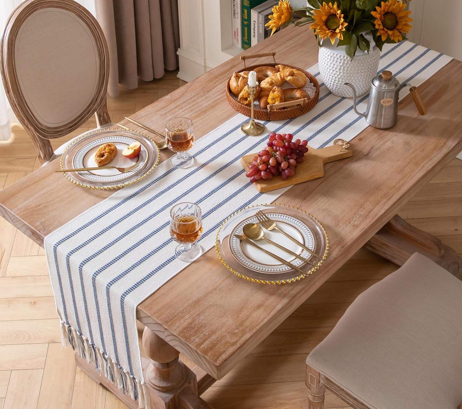 Caflife Boho Table Runner 108 Inchs Long Blue and Beige, Cotton and Linen Woven with Tassels, for Modern Rustic Farmhouse Neutral Table Runners, Bohemian Kitchen Dining Table Home Decor