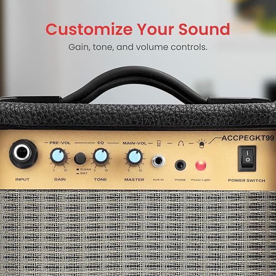 Portable Mini Electric Guitar Amp - 10 Watt Practice Instrument Amplifier w/ 5 Loudspeaker, Volume, Bass, Treble, Distortion, Gain Controls, Headphone Output, Carry Handle, Leather/Wood Construction