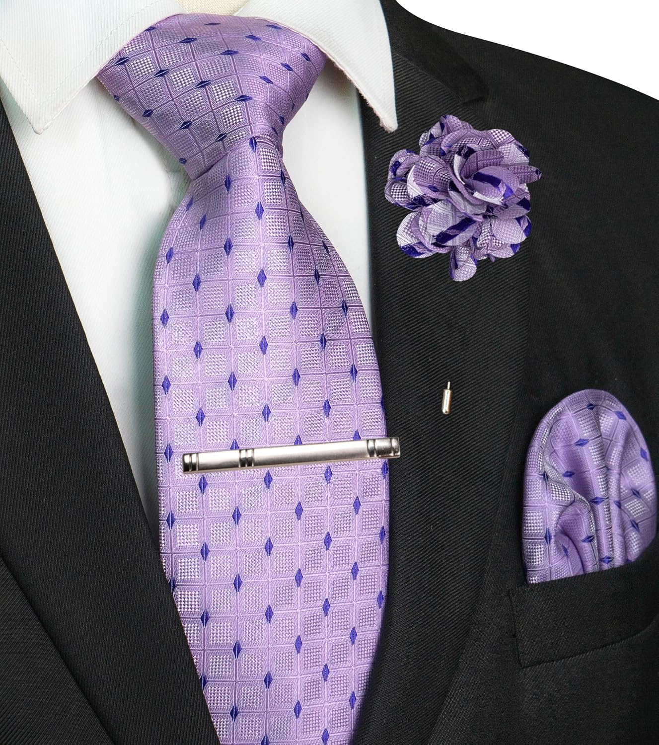 RBOCOTT Plaid Checkered Ties for Men Necktie and Pocket Square with Tie Clip Lapel Pin Set 4PCS
