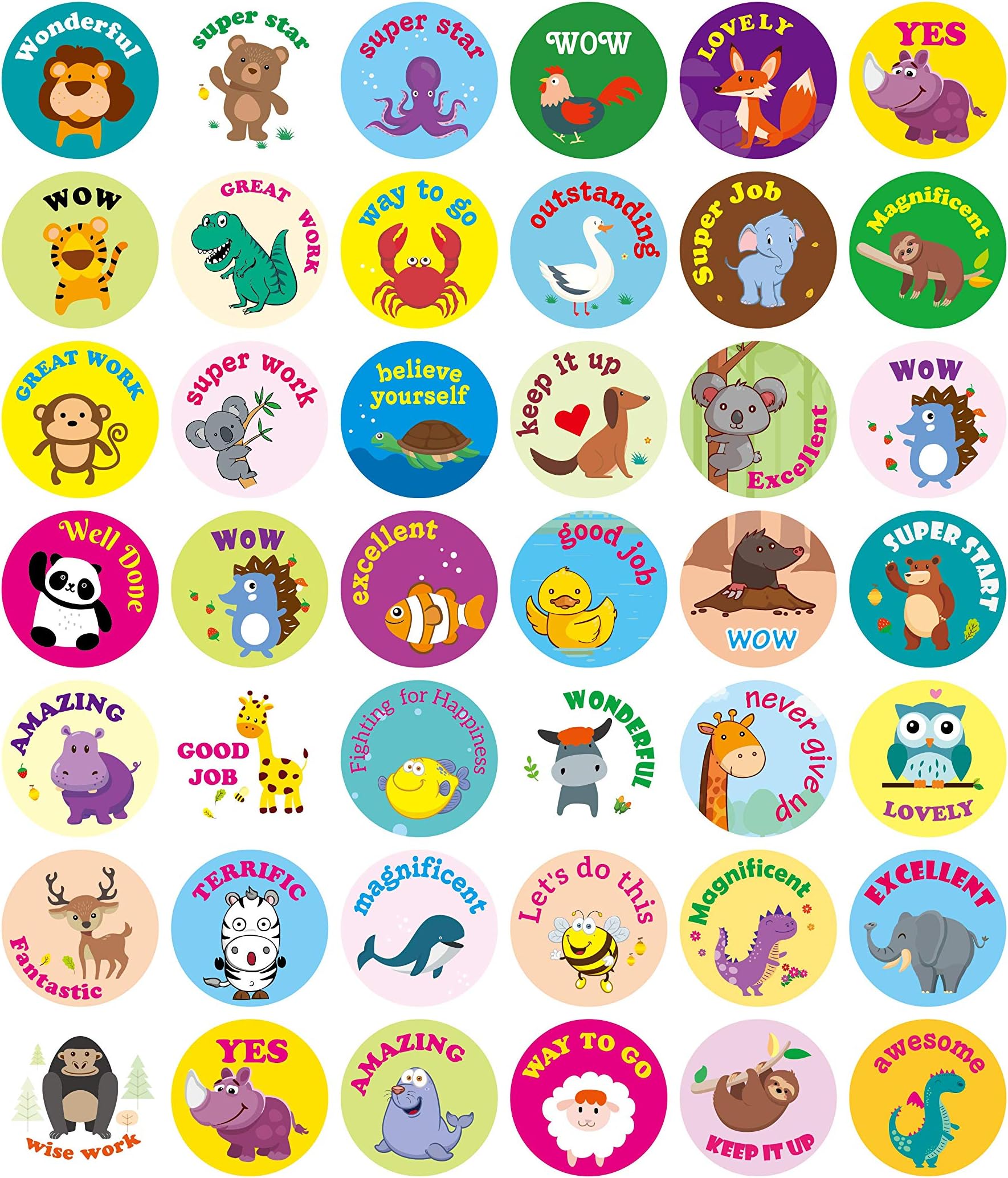 RunLoon 1008 Pcs Animal Reward Stickers, Kids Motivational Sticker Adhesive Positive Words Incentive Sticker for Teacher Classroom Supplies, Potty Training and School Favor, 42 Styles