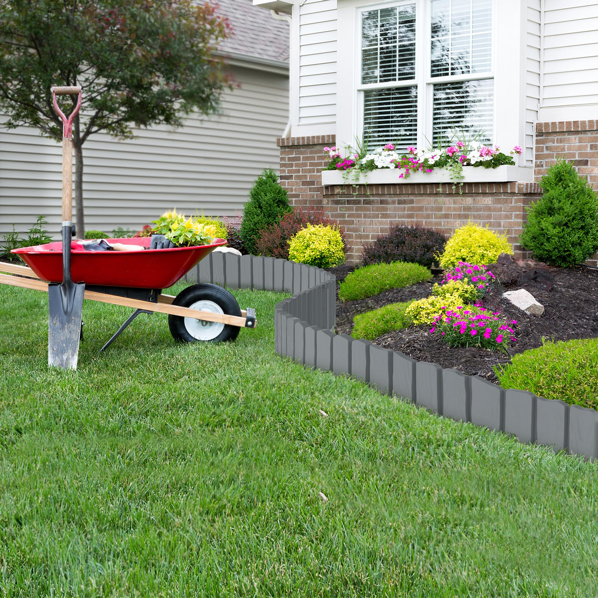 FIVMEN Bordo per prato, in plastica, 4,6 m, effetto legno, bordatura per aiuole con perni da 10 cm, imitazione delle venature del legno, per giardino, grigio