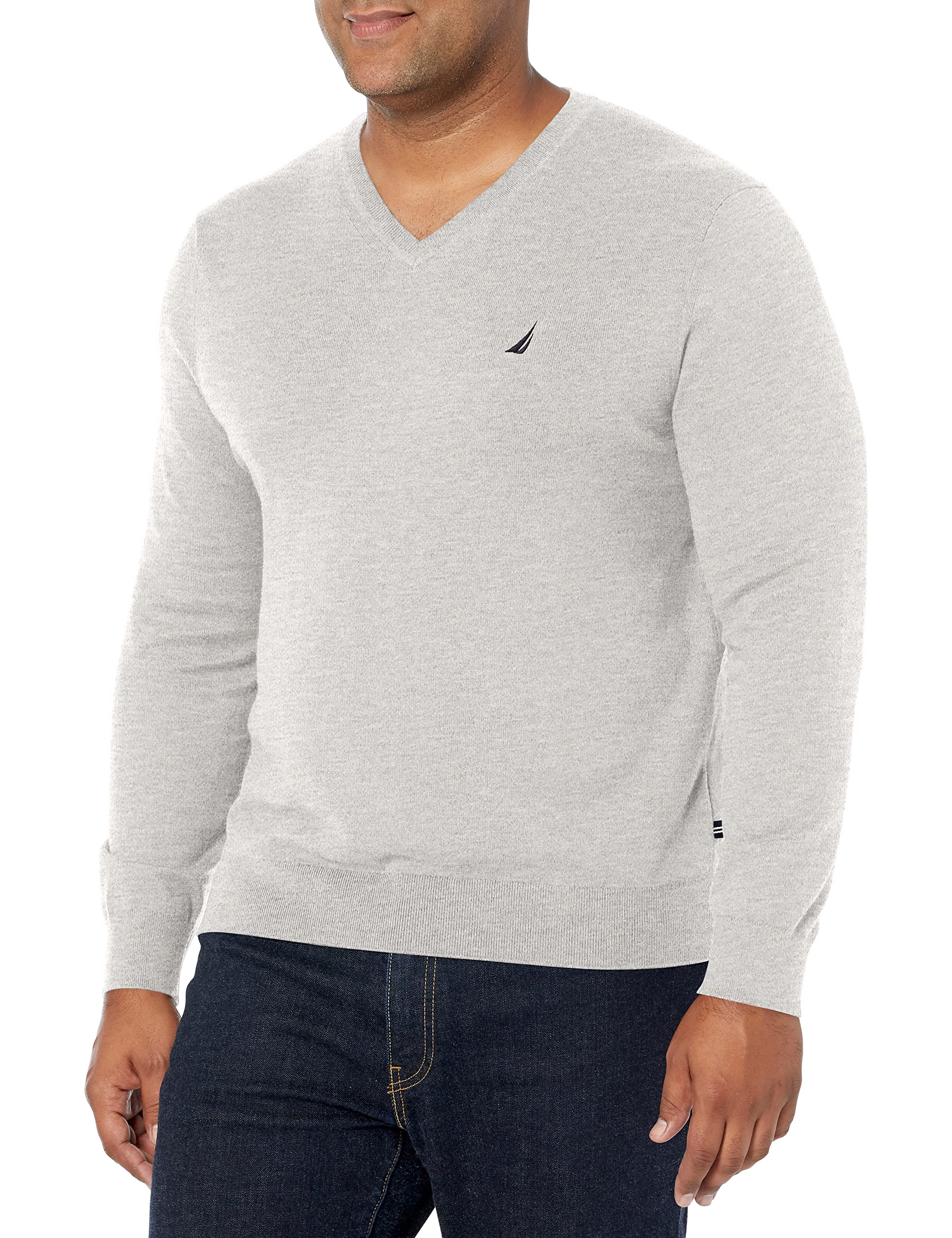 Nautica Men's Classic Fit Soft Lightweight Jersey V-Neck Sweater Pullover, Grey Heather, Medium