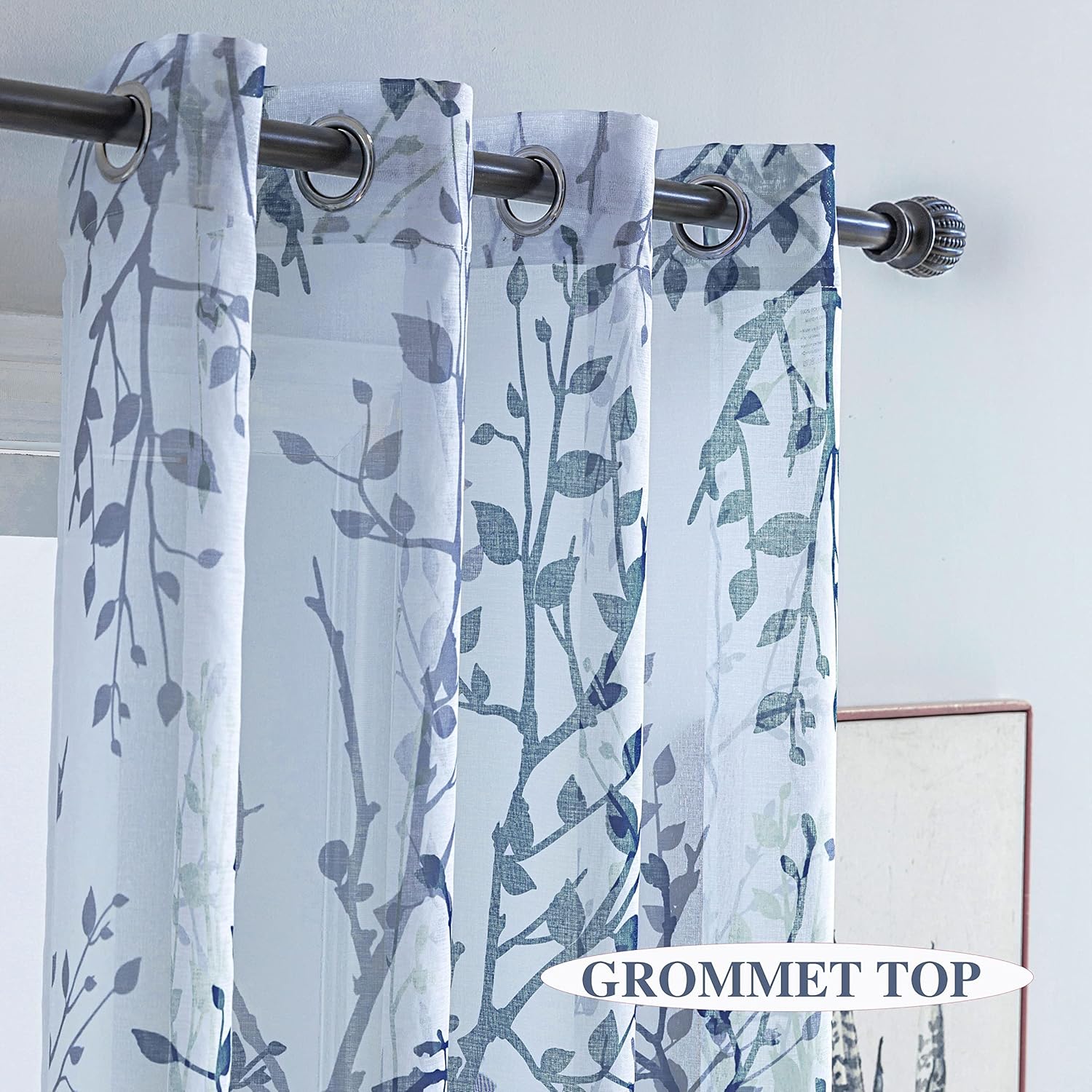 Luvyohmee White Navy Blue Curtains 95 Inch Length 2 Panels Set, Semi Sheer Window Curtain Drapes for Living Room/Bedroom, Blue Tree Branches Patterned Linen Textured Curtains, Grommet Top W52XL95