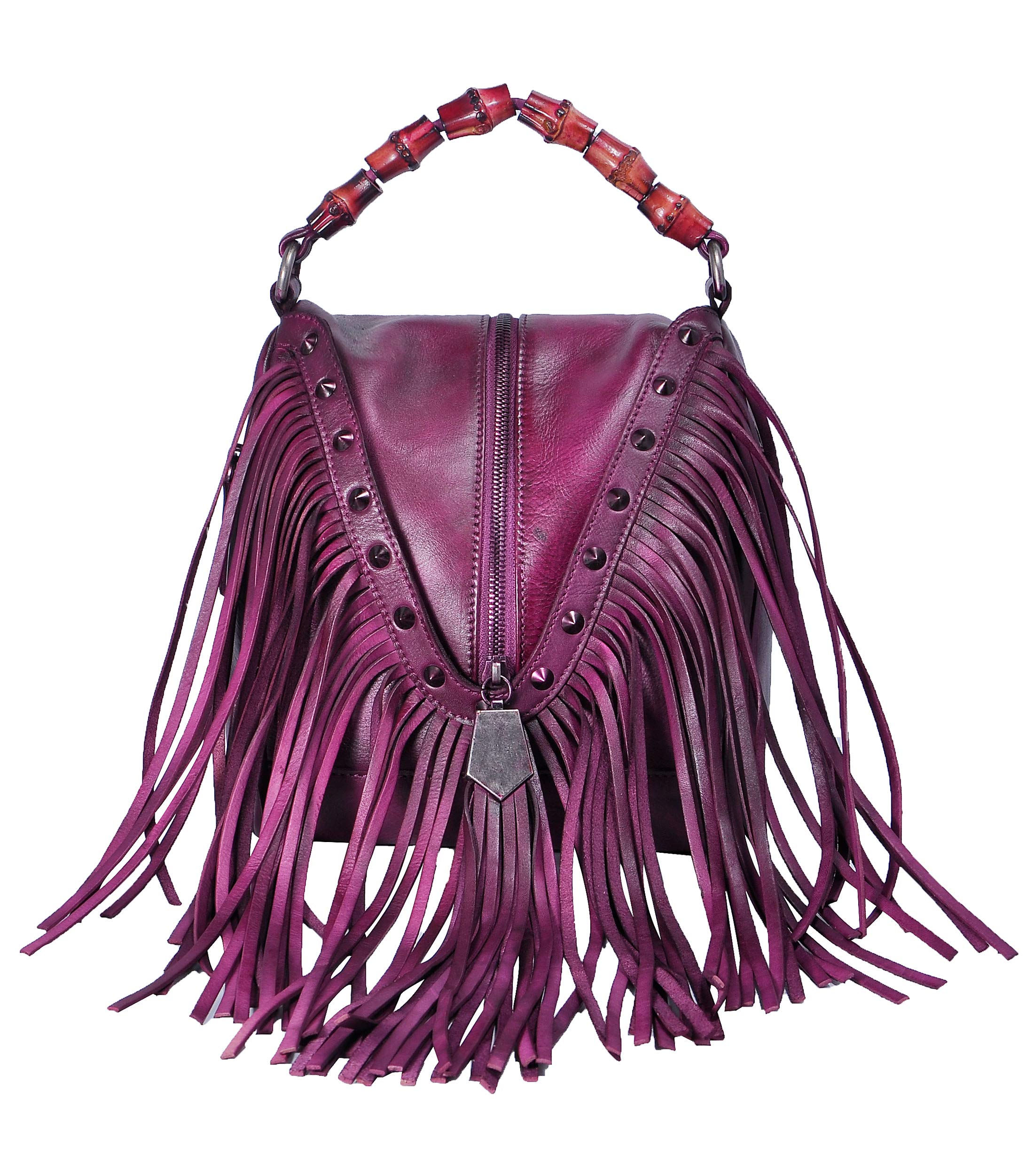 ZLYCWomen's Leather Bamboo Hand Strap Featured Fringe Bohemian Tassel Studed Cross Body Bag