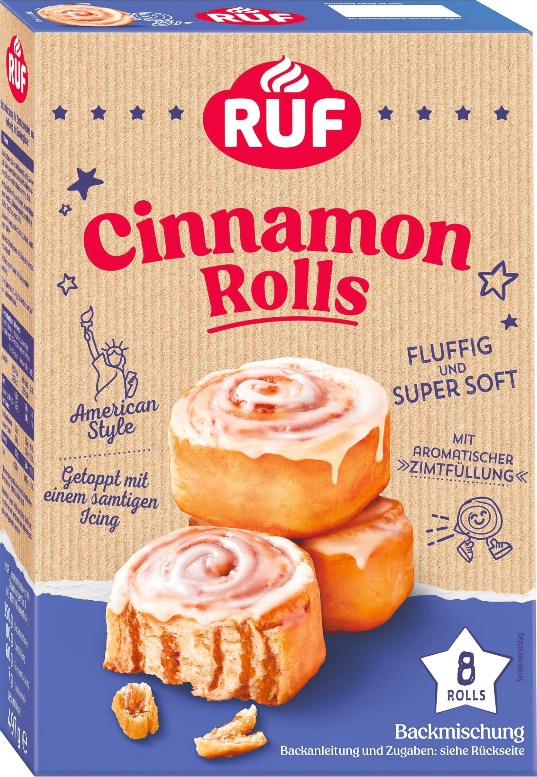 RUF - Cinnamon Rolls, Preparado Alimenticio en Polvo, Glaseado de Azucar, 8 porciones, 497gr