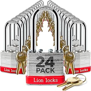 Lion Locks 24 Keyed-Alike Padlocks w/ 2” Long Shackle, 48 Keys, Hardened Steel Case, Pick Resistant Brass Pin Cylinder (24-Pack) for Hasp Latch, Shed, Fence, Gate Chain, Cable, Locker Lock, Gym Door