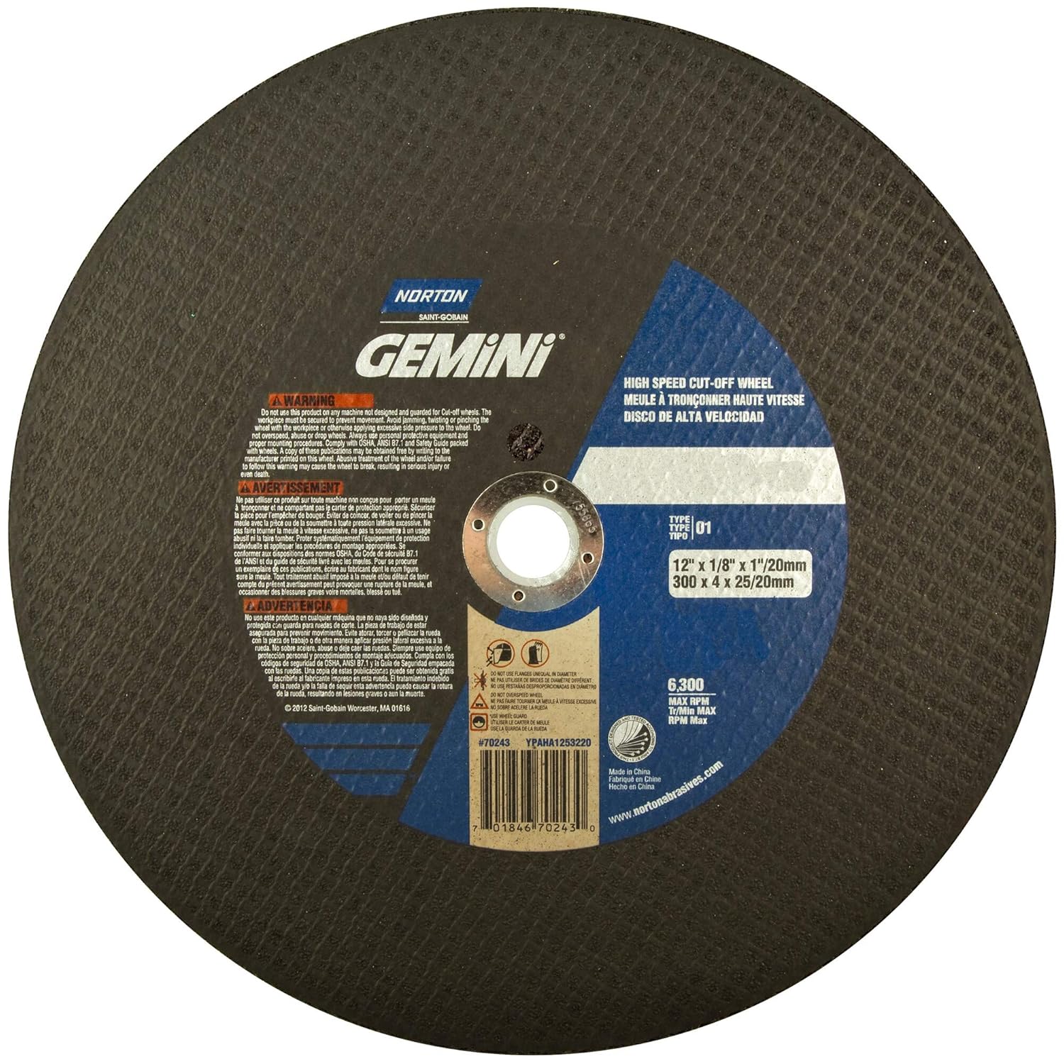 CutOff Whl, Gemini Asphalt, 12"x.125"x20mm Abrasive Cutoff Wheels