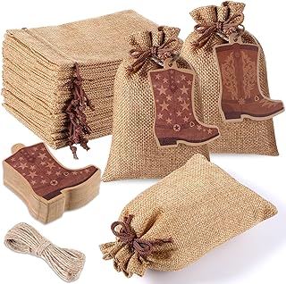 Mooliwe 50 Pcs Burlap Drawstring Bags with Boot Shape Tags, Western Cowg...