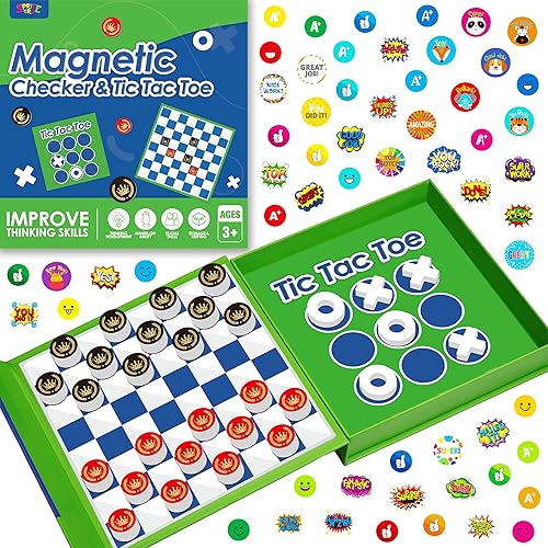 Juego de damas 2 en 1, tablero de juego magnético - Damas y Tic-Tac-Toe, juego de viaje de espuma gruesa con 59 calcomanías de recompensa para niños