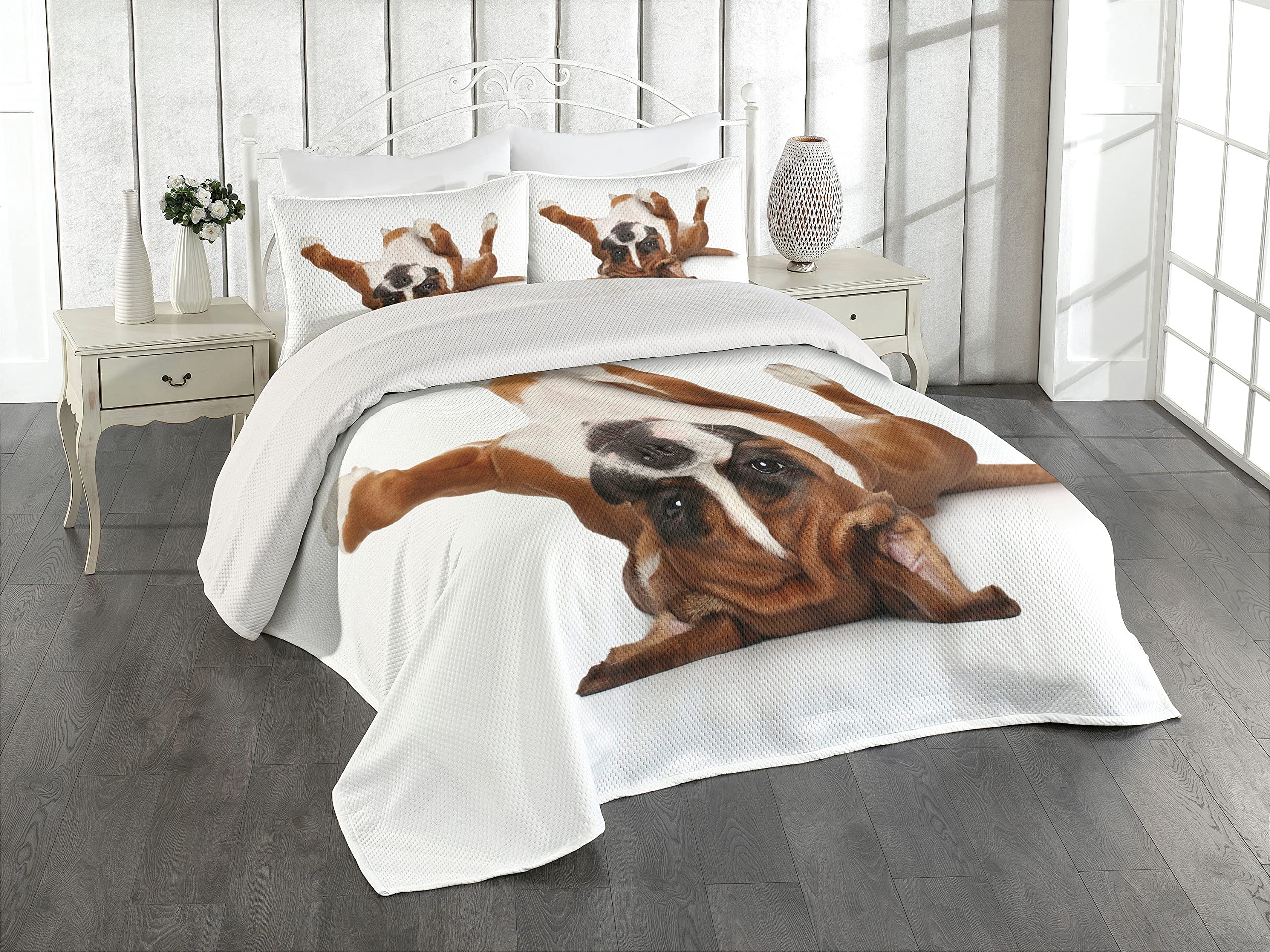 Ambesonne Boxer Dog Coverlet, Funny Playful Puppy Lying on His Back Resting His Paws, 3 Piece Decorative Quilted Bedspread Set with 2 Pillow Shams, Queen Size, Pale Caramel Dark Brown