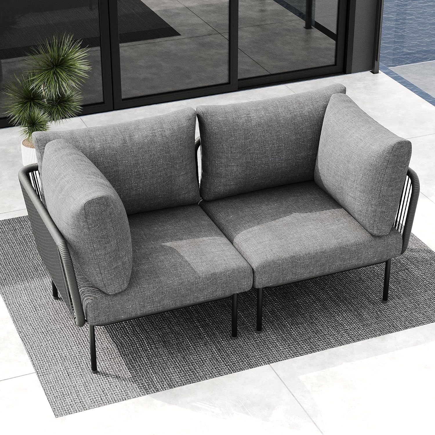 LayinSun 2 Pieces Aluminum Patio Furniture Set, Modern Modular Sectional Corner Chairs and Upgrade Thickness Cushion