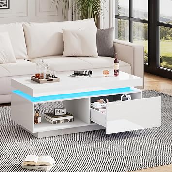 White Centre Table with RGB Led Lights, Coffee Table for Living Room