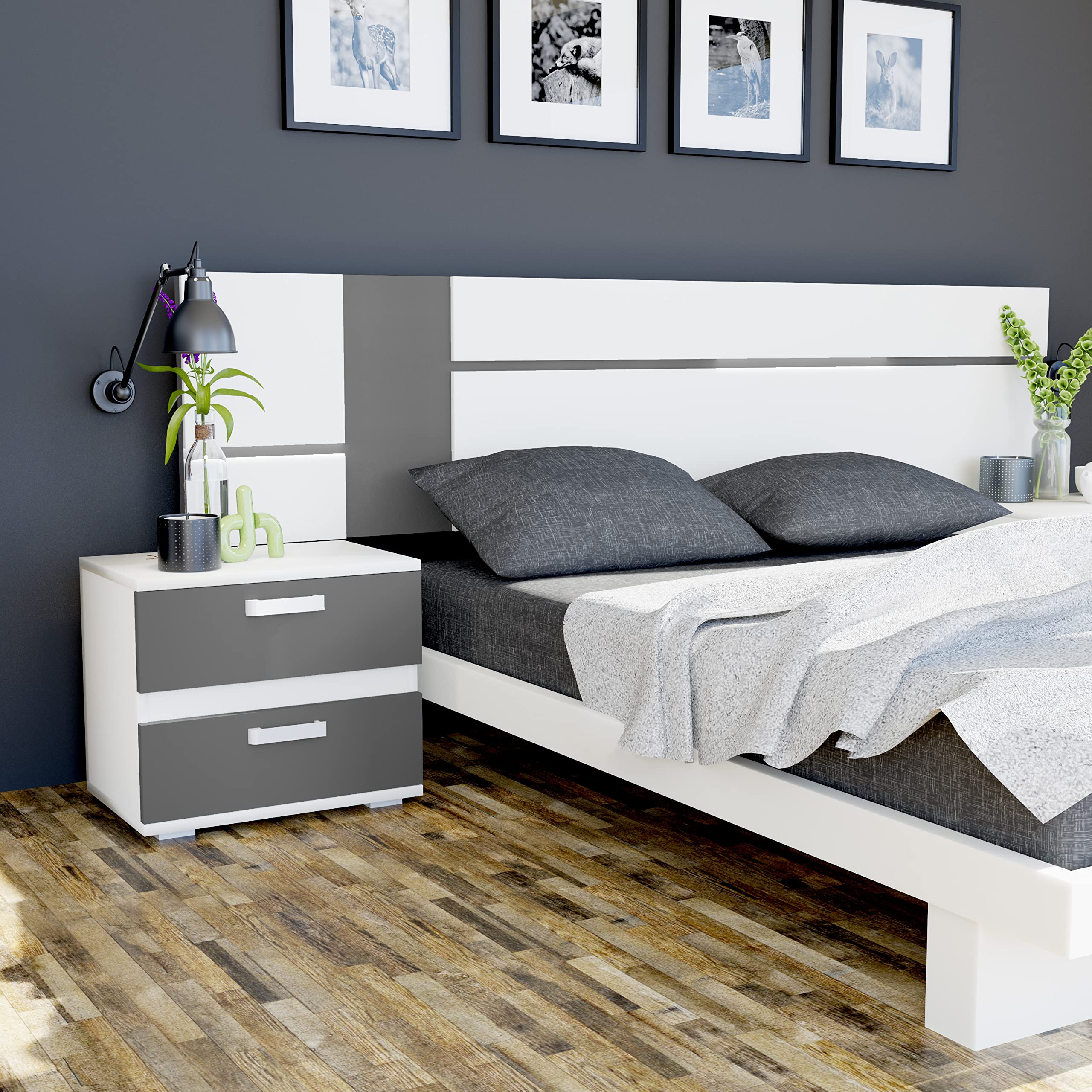 duehome | Pack Cabecero con Leds y 2 Mesitas de Noche, Dormitorio Doble, Dormitorio Completo, Modelo Ataneq Air, Acabado en Blanco y Grafito