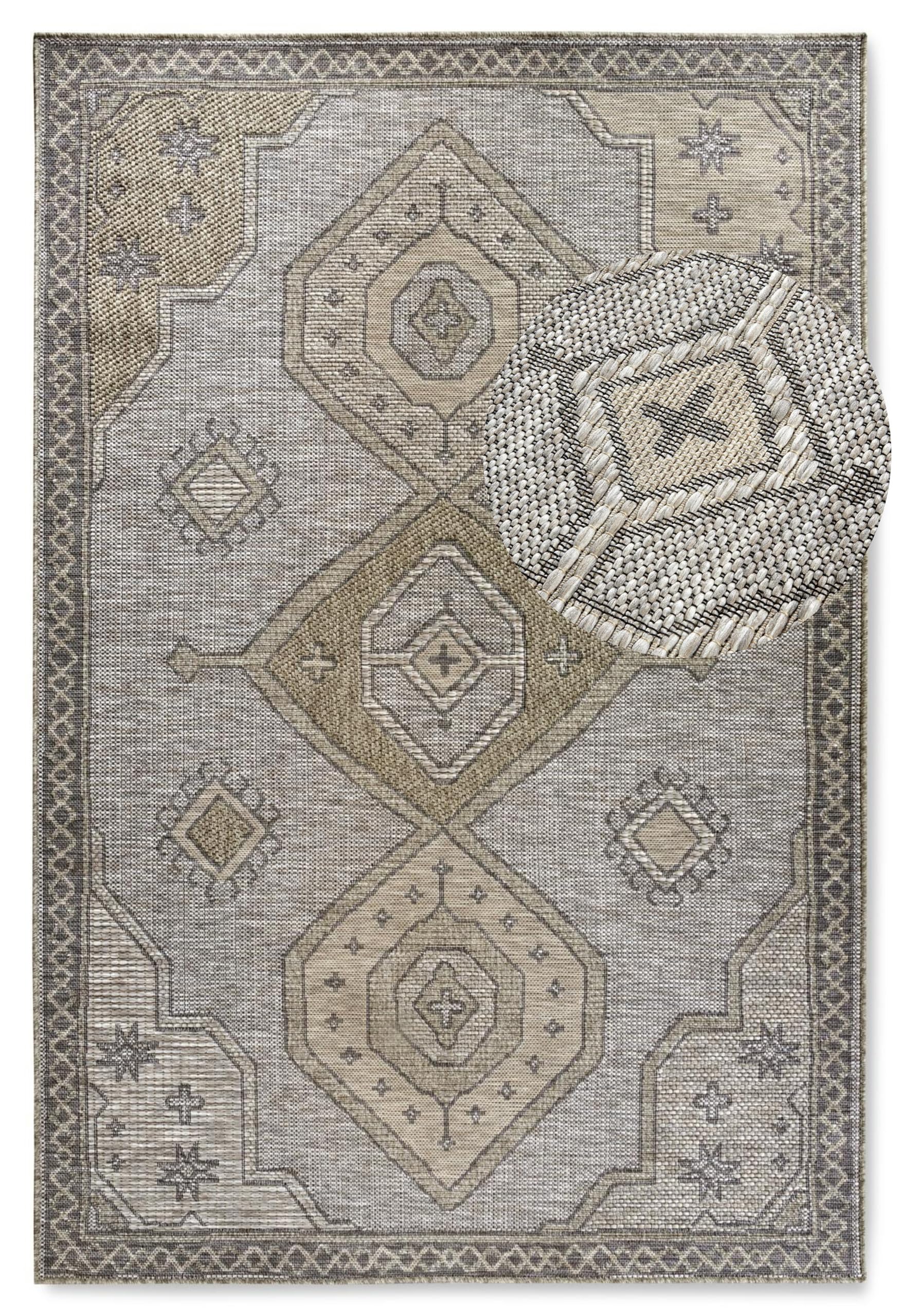 Villeroy & Boch Robert Tappeto moderno per interni ed esterni, in tessuto piatto, boho, etnico, ecologico, resistente alle intemperie e ai raggi UV, per balcone, terrazza, giardino, marrone naturale,