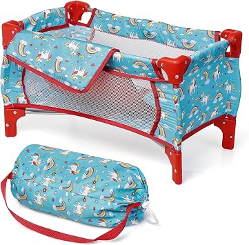 fash n kolor Doll Playpen 22" Baby Doll Crib with Mesh Sides & Unicorn Rainbow Design Foldable Play Yard for Dolls & Stuffed Animals Toy Nursery Accessory for Kids