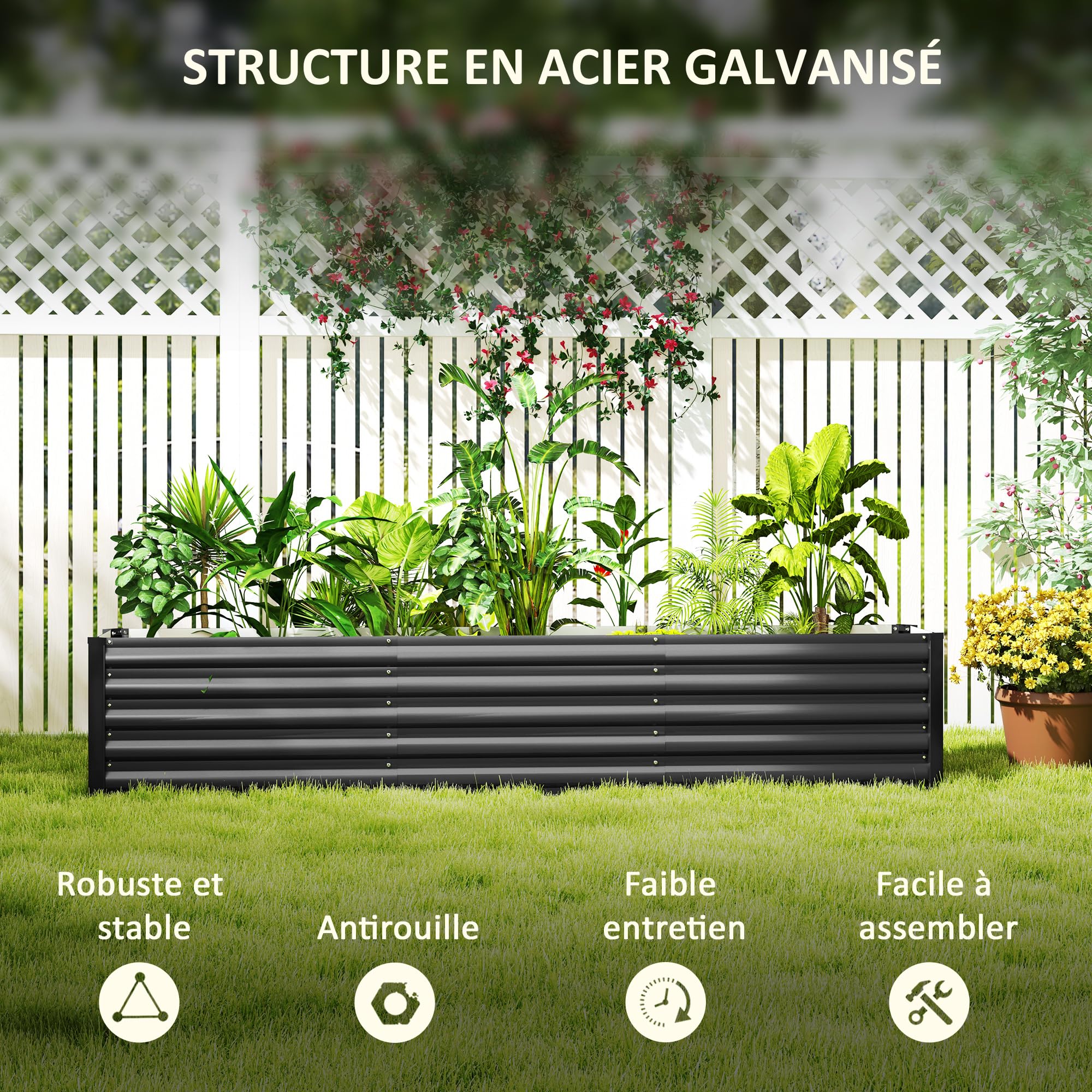 Outsunny Carré Potager, Potager surélevé en Acier galvanisé, Barres de Soutien et plaques d'angle, Fond Ouvert, lit de Jardin surélevé, pour Plantes légumes, Fleurs, 240 x 40 x 45 cm, Gris foncé