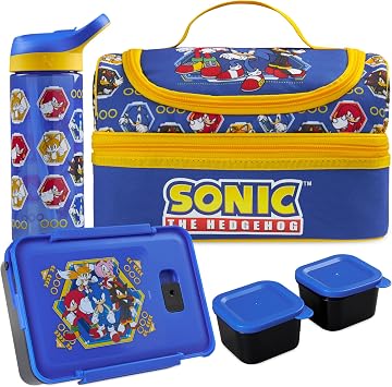 Get Trend Sonic the Hedgehog Kids Lunch Box 3 Pc Set with Insulated Lunch Bag, Bento Box with Two Mini Pots & 20 fl oz Water Bottle with Straw for School, Picnic, Gamer Gifts for Boys Blue Sonic
