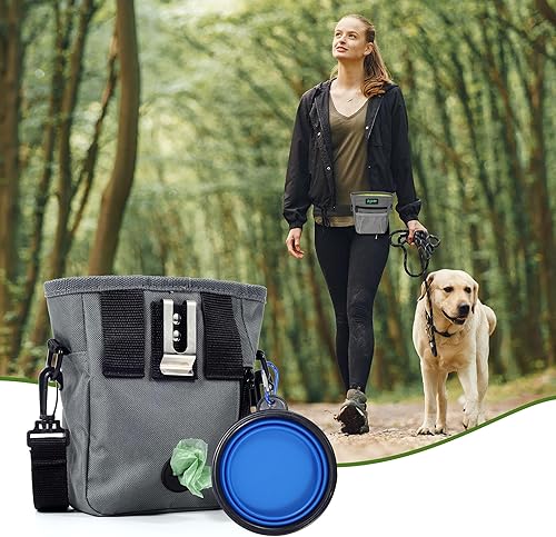 Miniatura 7 de Bolsa de golosinas para perros 2.0, cierre magnético fuerte, dispensador de bolsas para excrementos (incluye cuenco plegable para perros, clicker de