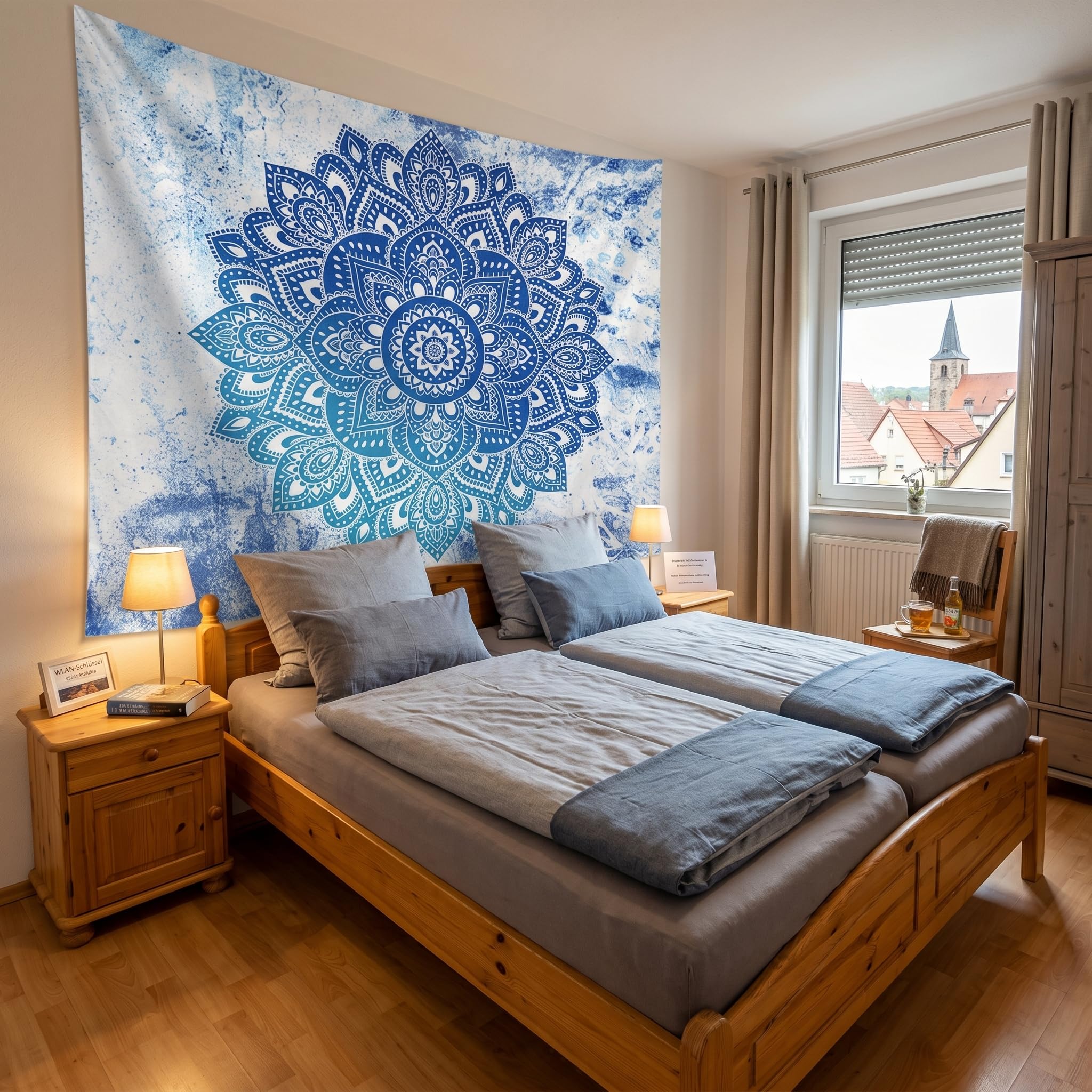 Yosugar Dywan ścienny do sypialni, chusta na ścianę, dekoracja pokoju, dywan ścienny w stylu boho, do dekoracji pokoju, sypialni, salonu (jasnoniebieska mandala, 200 x 150 szer. cm, bez ramki)
