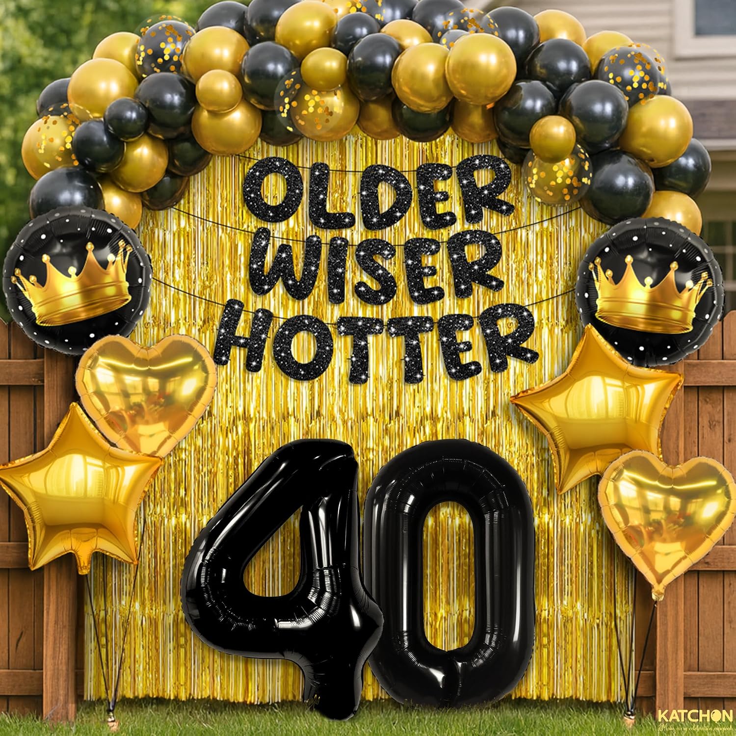 KatchOn, Happy Birthday Decorations Set - Pack of 50 | Older Wiser Hotter Banner, Latex Balloons Arch Kit, Gold Foil Fringe, Star, Round, Heart Foil Balloons | 40th Birthday Decorations for Women, Men