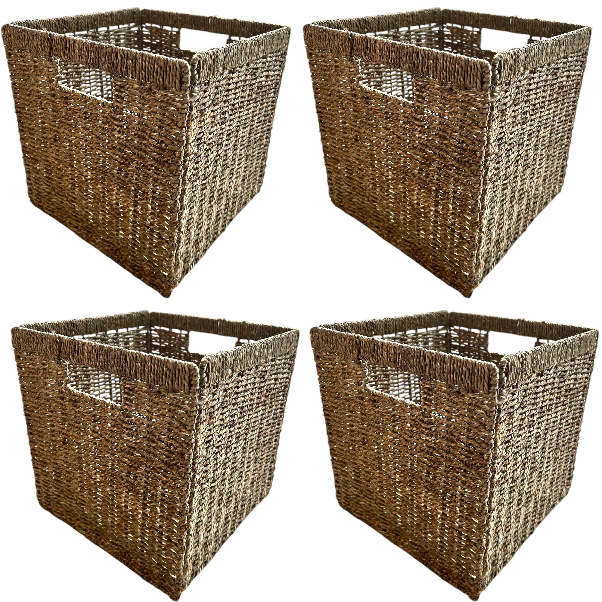 Wicker Storage Cubes 12x12 Set of 4, Heavy Duty Seagrass Baskets for Shelf, Storage Cube Bins, Natural Foldable Square Baskets, Rattan Basket, Ikea Kallax Inserts (Seagrass)