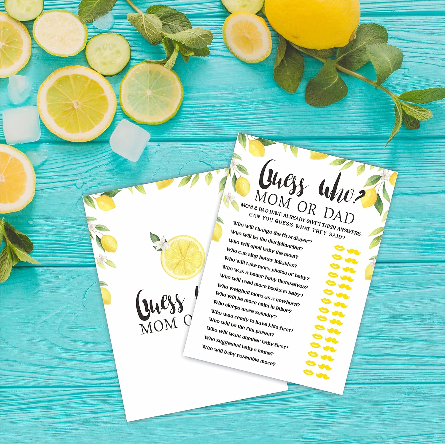 Watercolor Lemon Baby Shower Game Cards - 30 Guess Who? Mom or Dad Double Sided Fill-in Cards, 5 X 7 Inches for Gender Neutral Party, Favor & Supplies-BBYX-A04 image 3