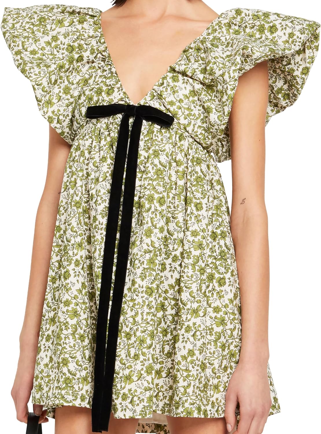 Women's Floral Bow V Neck Babydoll Mini Dress Flower Print Puffy Sleeve Boho Short Casual Loose Flowy Dresses - Image 7