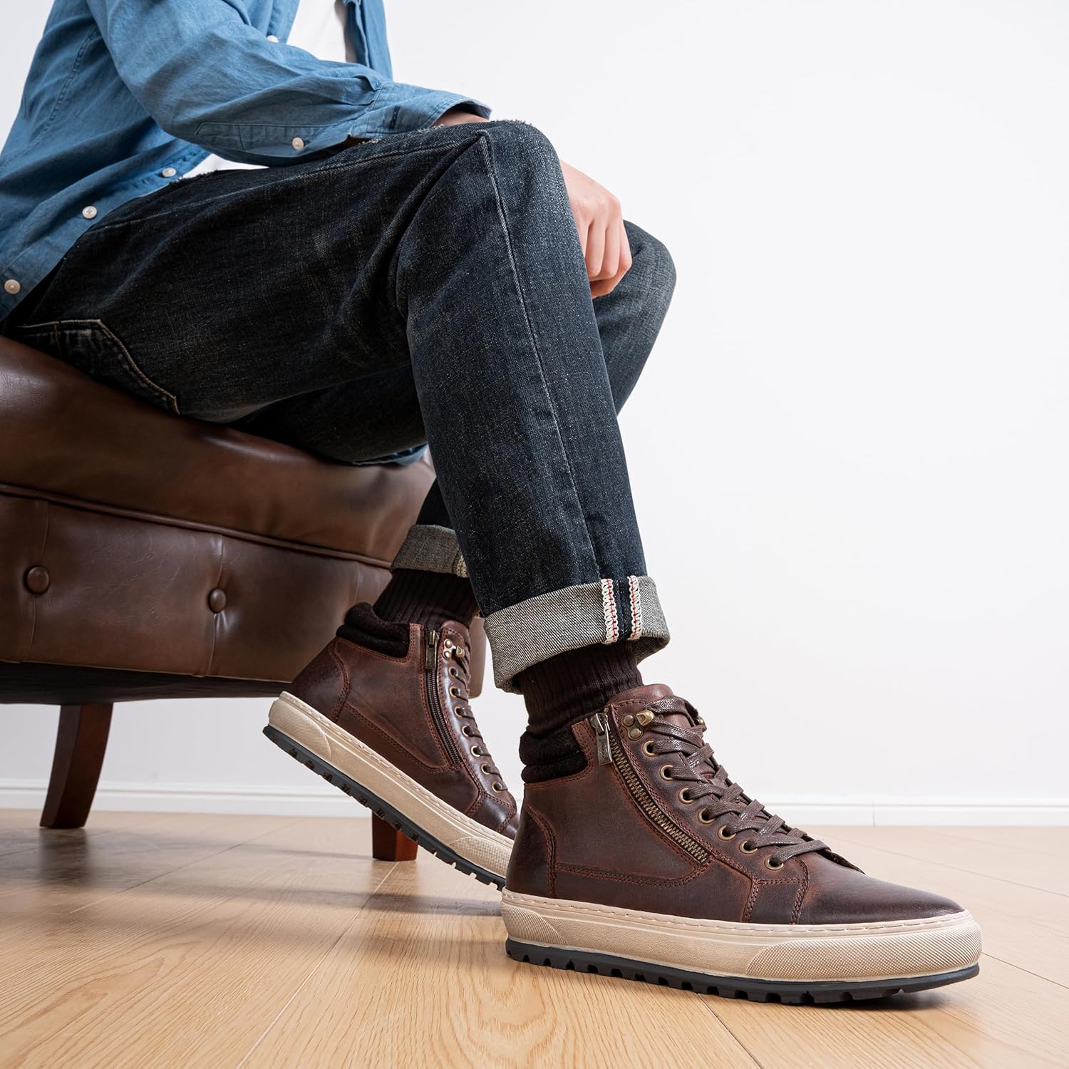 Jousen Mens Casual Shoes Premium Leather Side Zipper High Top Boots Fashion Sneakers for Men - Image 2