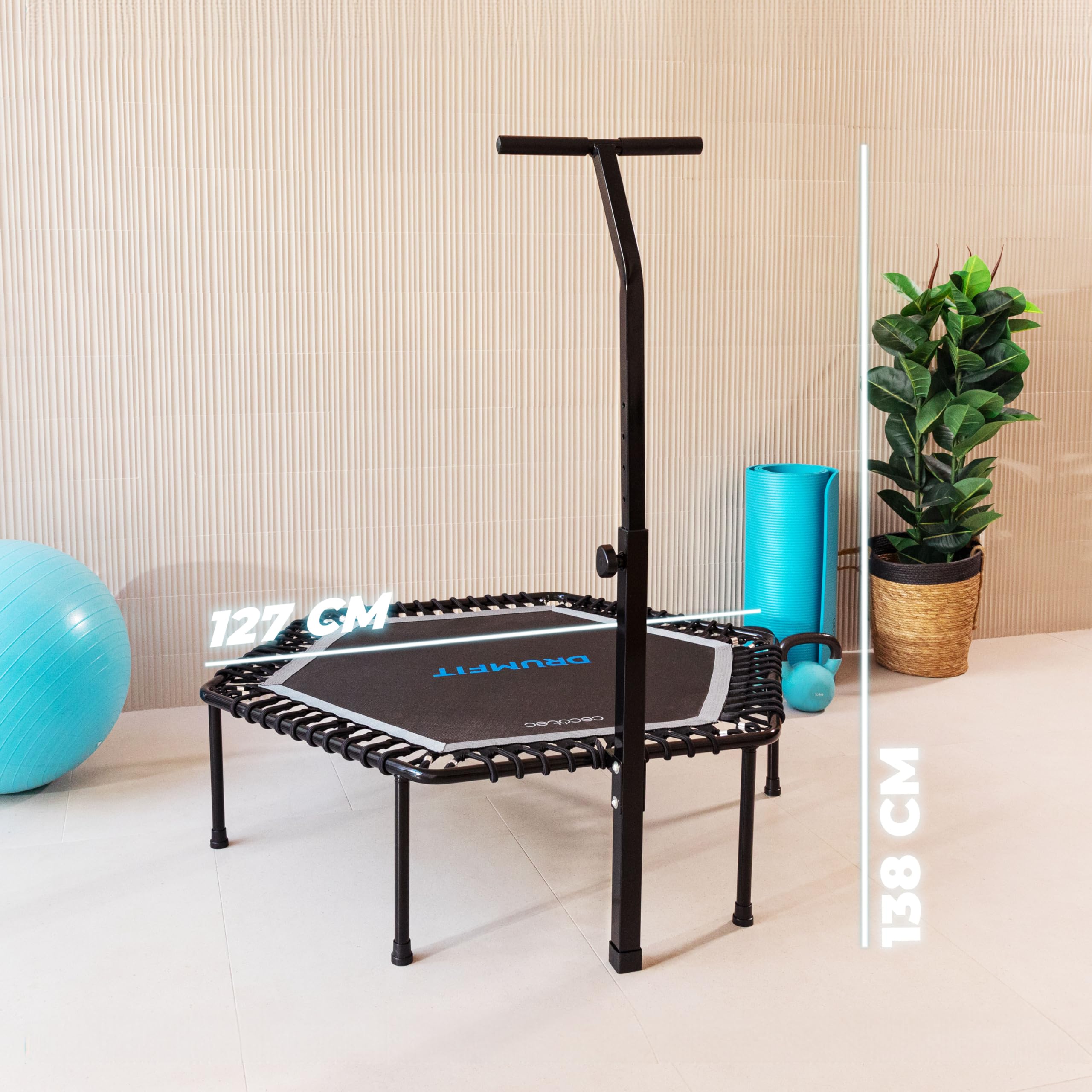 Cecotec Fitness Trampolin für Erwachsene, Ø 92-127 cm, abnehmbar und faltbar, Drumfit Jump. Elastisches Bett mit 92 und 127 cm, Basis von 6-7 Beinen, maximales Gewicht 100 kg