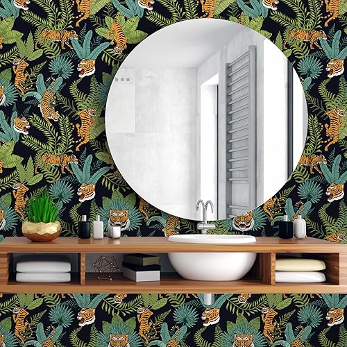 Miniatura 6 de CHIHUT Papel tapiz autoadhesivo de 17.7 x 236 pulgadas, estampado de animales de la selva, papel de contacto extraíble con hojas de palmera de