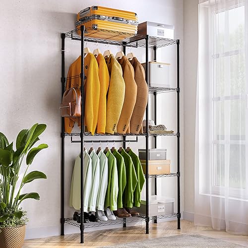 Miniatura 2 de BELLEZE Perchero para colgar ropa, perchero con estante ajustable, estante organizador de ropa independiente con 2 pares de ganchos laterales,