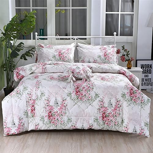 FADFAY Juego de edredón floral de 3 piezas, color rosa rosa, tamaño Queen, edredón floral vintage de verano, 100% tela de algodón con relleno