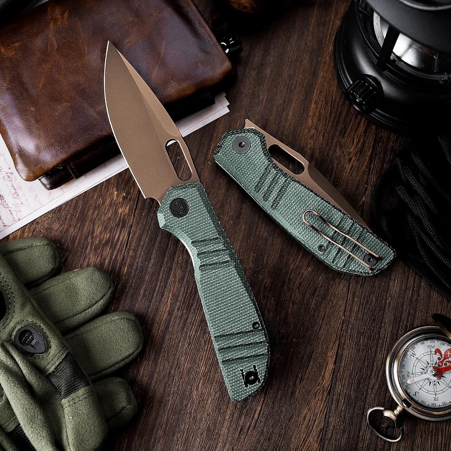 TRIVISA Gecko Folding Pocket Knife, 3.4" 14C28N Steel Rose Gold Blade Green Micarta Handle EDC Knife with Pocket Clip for Men Women Camping Survival Hiking,Gecko-GM