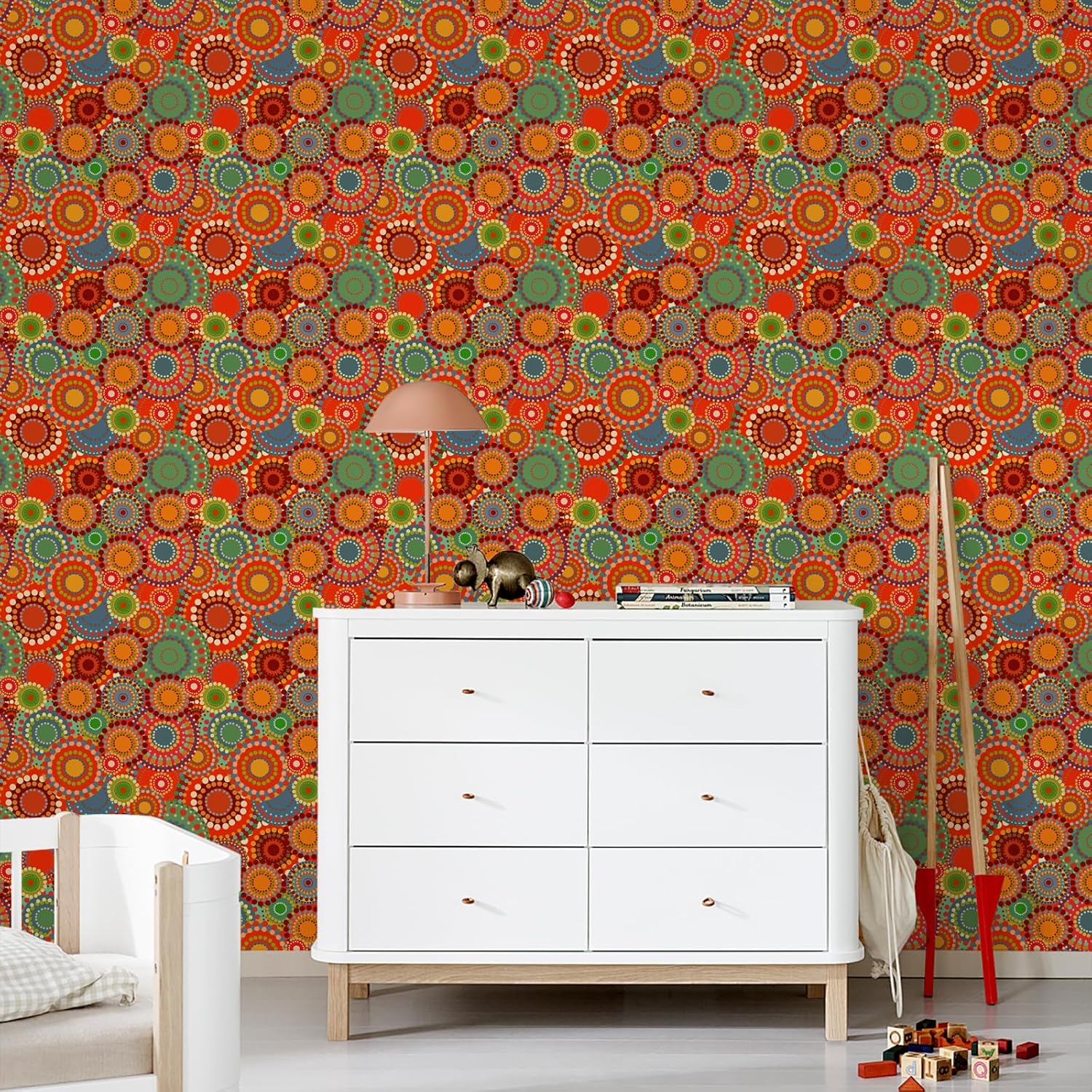 Boho Peel and Stick Wallpaper 17.3" x 118" Retro Colorful Rings Contact Paper for Cabinets Self Adhesive Removable Geometric Waterproof Wallpaper for Bedroom Bathroom