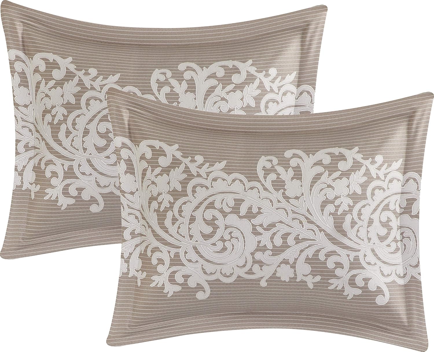Grand Avenue Taupe Comforter Set Queen Size, 7 Piece, Bedding Comforters & Sets, Pillow Shams Bedskirt, Jacquard Floral Beddings