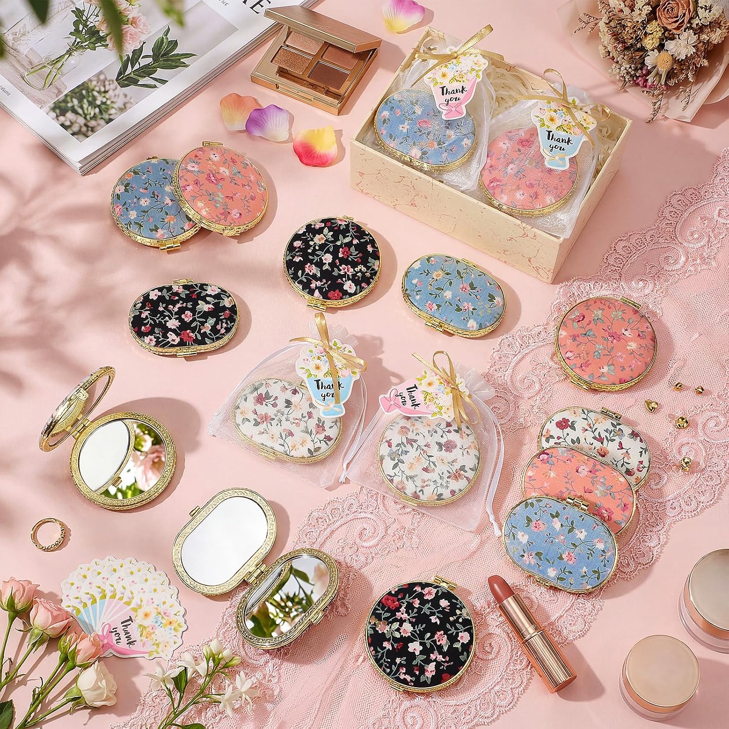 42 Set Compact Mirror Gift for Women Pooja Return Gifts Floral Pocket Mirror Bulk with Organza Bags Thank You Cards Employee Appreciation Gift for Indian Diwali Tea Party Wedding Party Favors