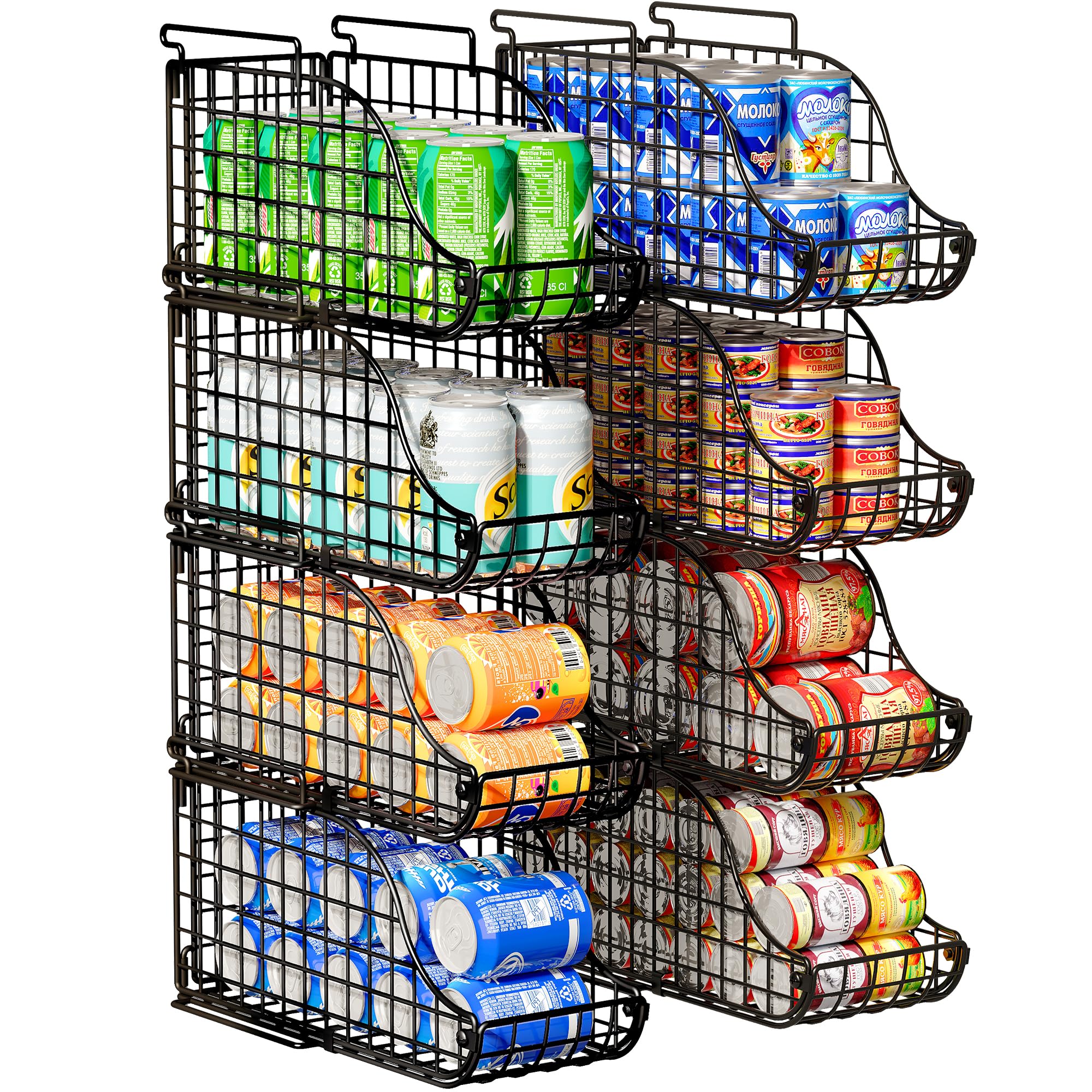 Paquete de 8 organizadores de latas para despensa, estantes apilables de soda para nevera, almacenamiento de armario de alambre, capacidad para hasta 72 cervezas, cubo de metal pequeño para bebidas