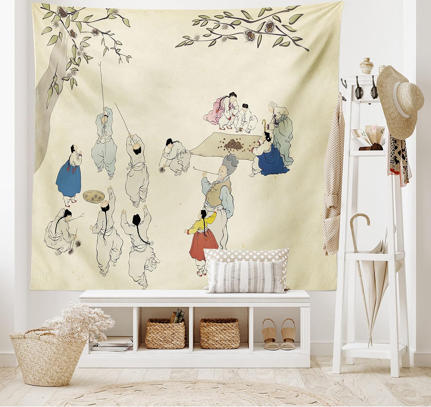 Lunarable Asian Tapestry, Korean Folk Painting Minhwa Chestnut Tree Fruit Picking Season in Autumn, Fabric Wall Hanging Decor for Bedroom Living Room Dorm, 45" X 30", Eggshell and Multicolor