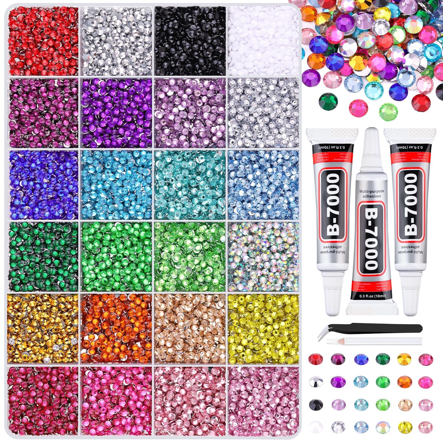 24000pcs resin jelly rhinestones for bedazzling kit24 colors multicolor 3mm resin ab flatback gems with 3 x 10ml b7000 glue, tweezers, pickup pen, sorting tray & sharpener for diamond