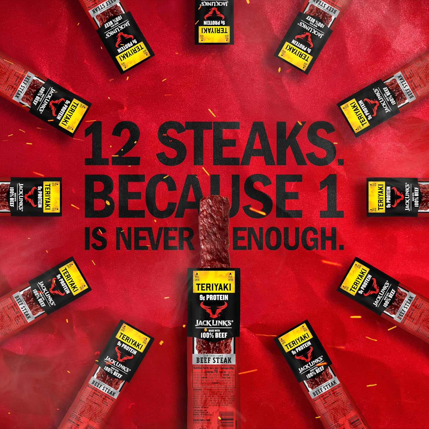 Jack Link's Beef Steak, Teriyaki - Protein Snacks, Meat Snack with 9g of Protein, Made with 100% Beef, Individually Wrapped Bulk Snack Pack, Keto Friendly - 1 Oz. (12 Count)