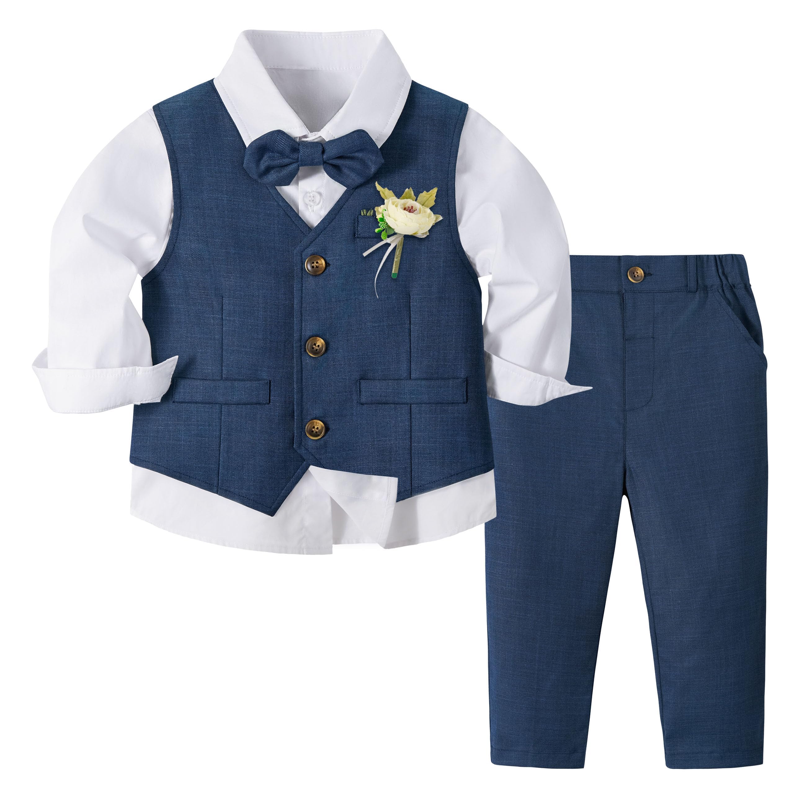 Volunboy Completo Elegante Bambino, Ragazzi Cerimonia Nozze Vestito 4 Pezzi Maniche Lunghe Camicie + Papillon + Gilet + Pantaloni