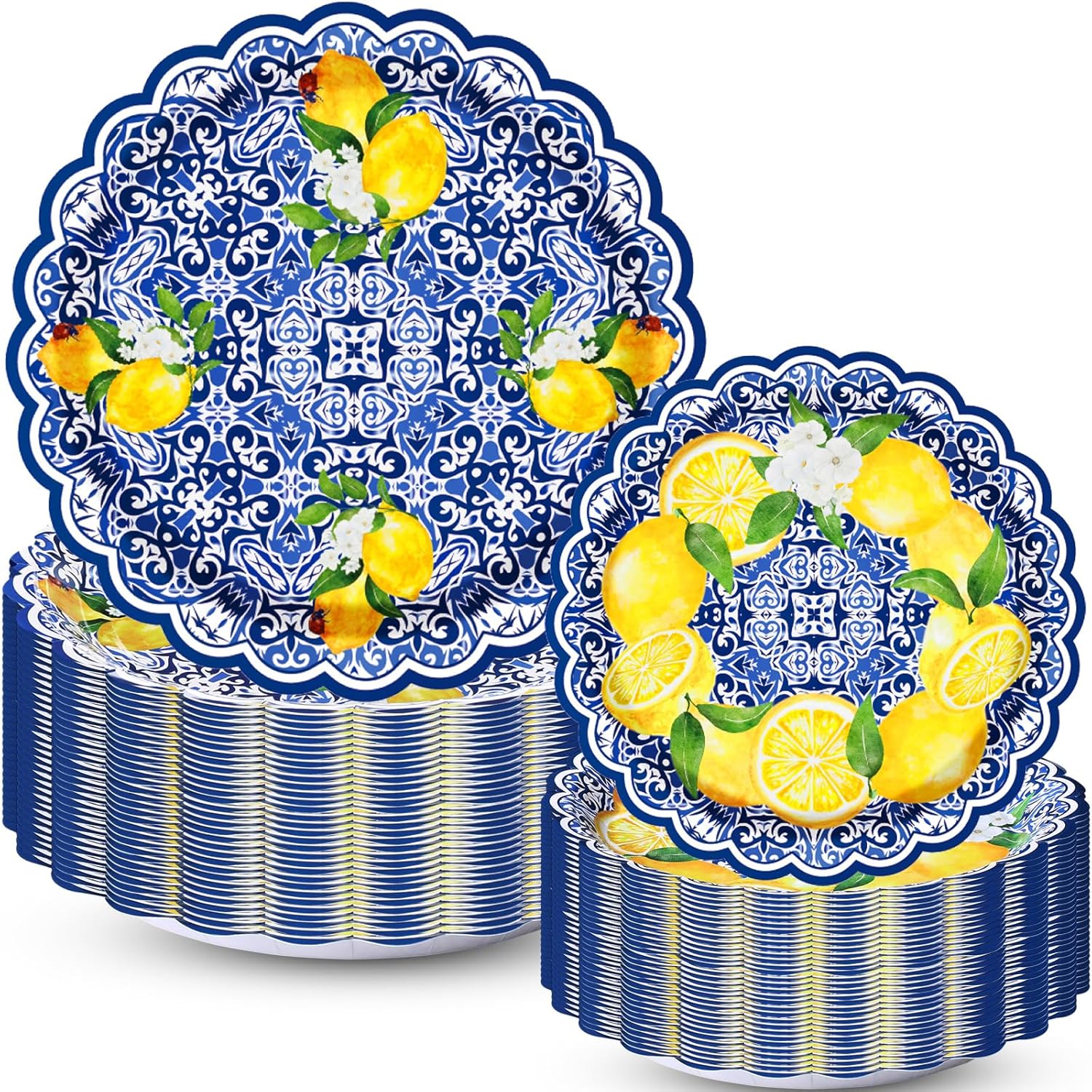 Vesici 100 Pack Capri Lemon Paper Plates Set 9 in 7 in Blue Tiles Yellow Lemon Plates Disposable Italian Amalfi Coast Party Decorations for Birthday Wedding Engagement Party Supplies, Serve 50 Guest