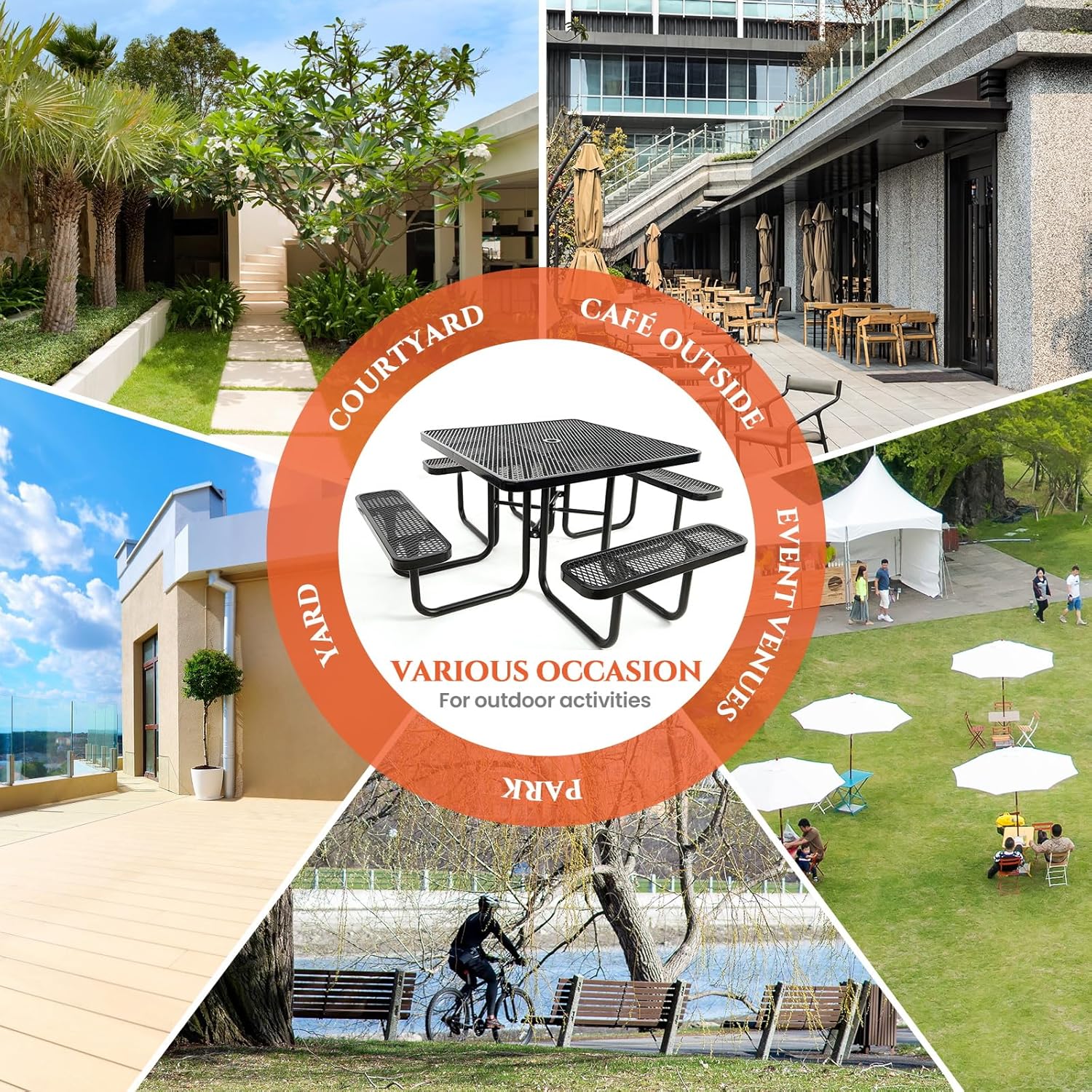 46" Square Top Outdoor Picnic Table Set for Up to 8 Persons, Outside Table Set with 4 Built-in Benches, Metal Commercial-Grade Dining Furniture with Umbrella Hole for Garden, Backyard, Porch, Patio