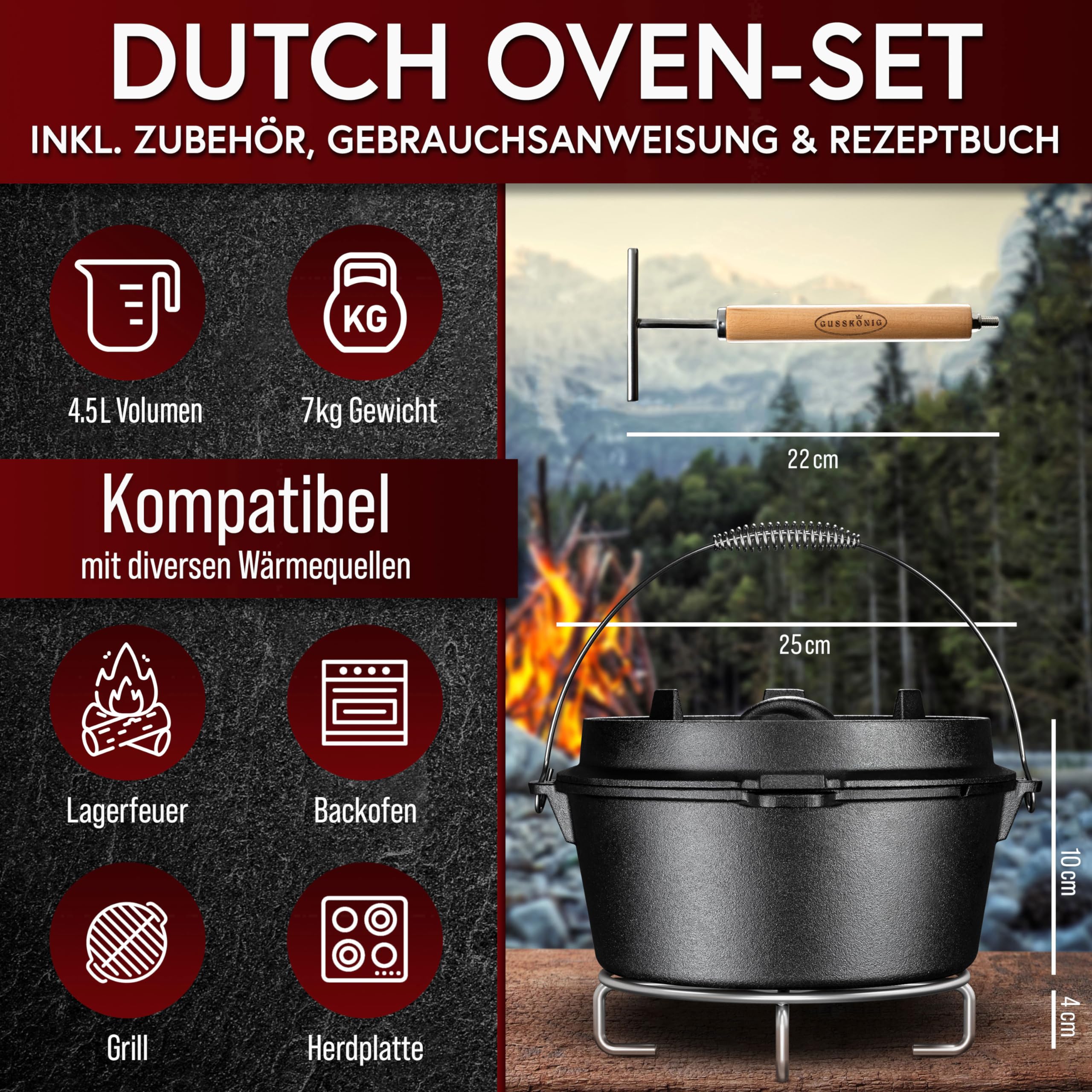 GUSSKÖNIG Dutch Oven Set 11-teilig – bereits eingebranntes Gusseisen Topf Set – Bratpfanne, Grilltopf, Deckelheber, Untersetzer & Echtleder-Griffschutz + Rezeptbuch & Pflegepaste – 30 Jahre Garantie
