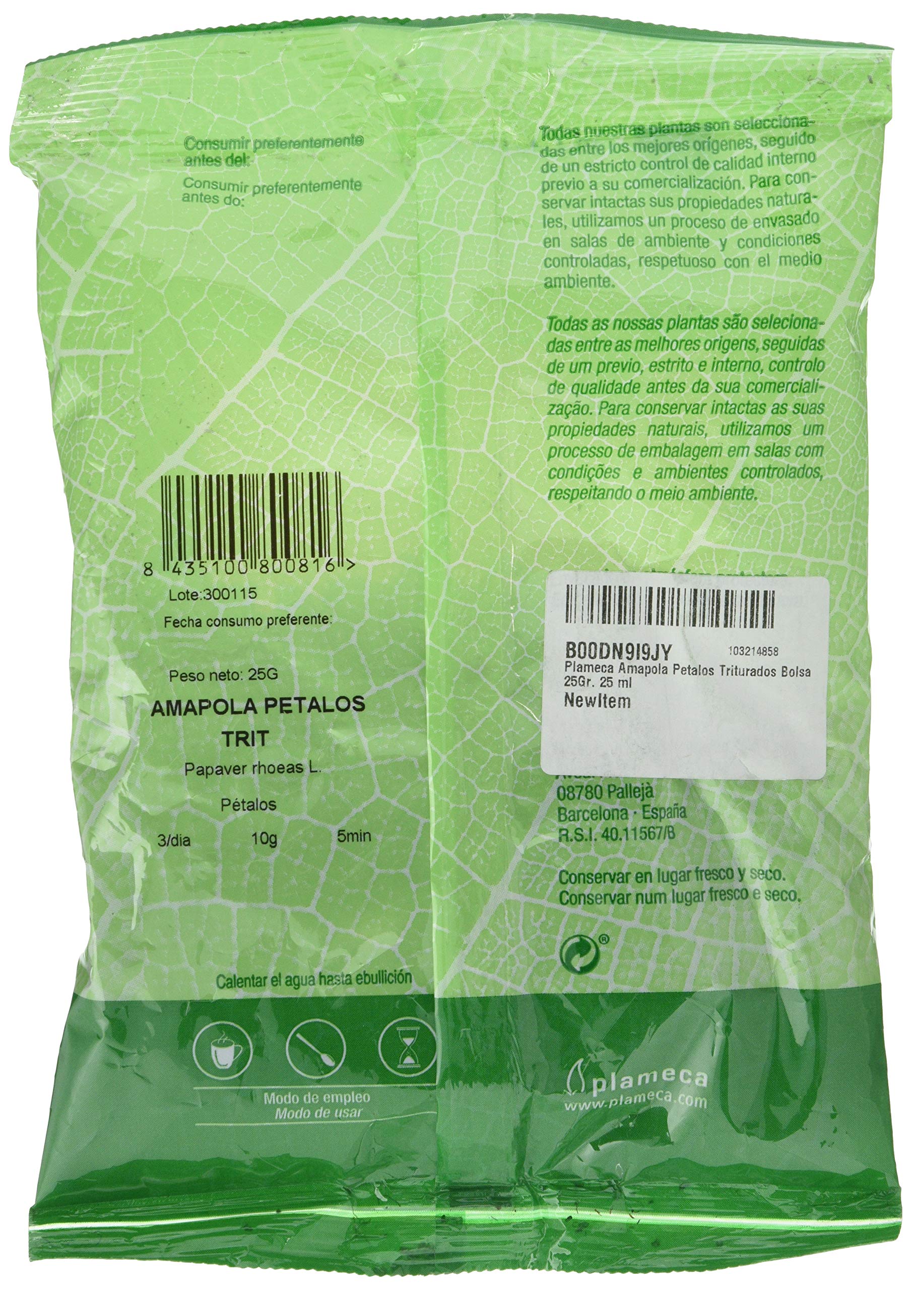 Plameca - Amapola Pétalos Triturados - 25 Gr - Envasado en Atmósfera Protectora