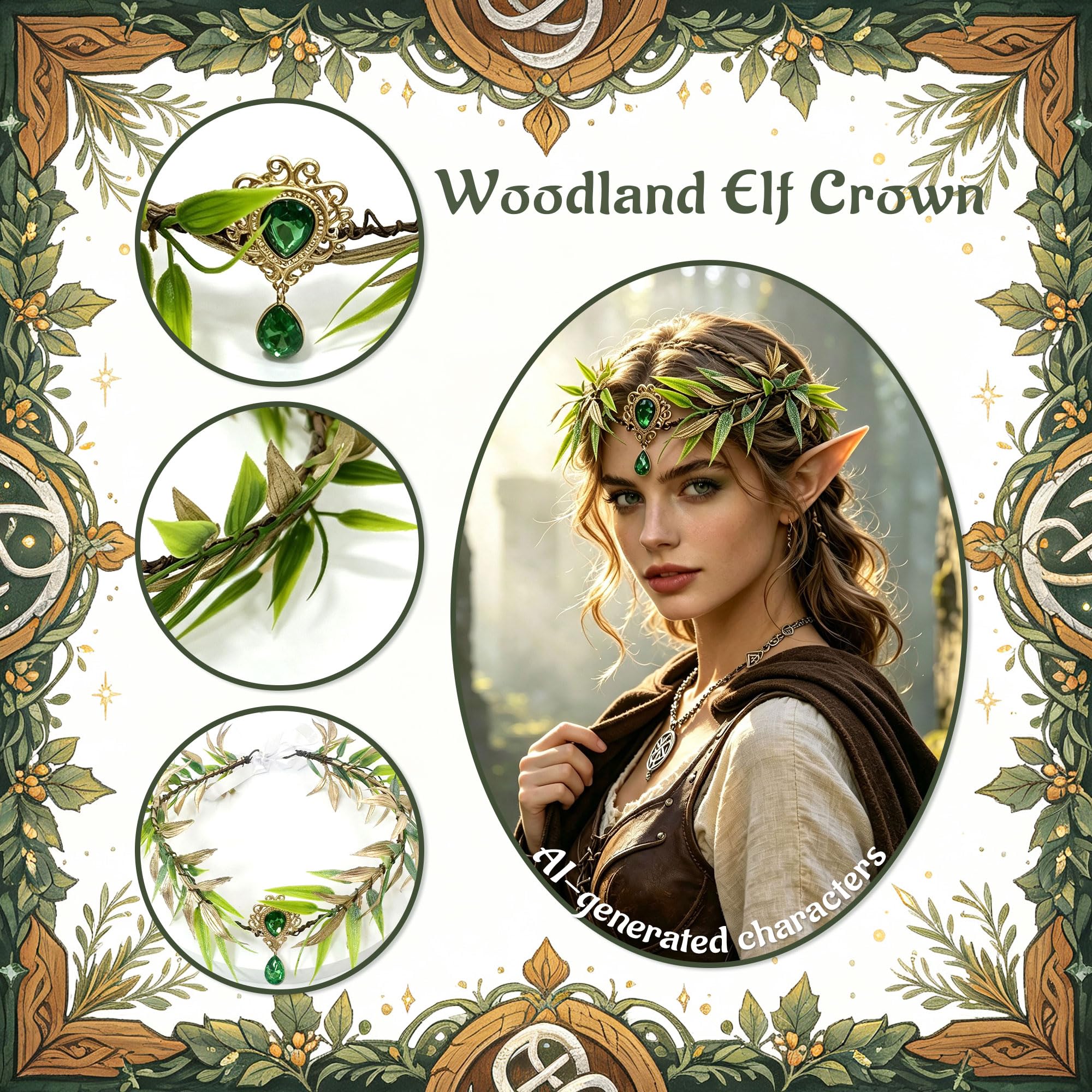 LaVenty Woodland Elf Crown Fairy Costume Medieval Viking Fairy Headpiece, Pink - Image 3