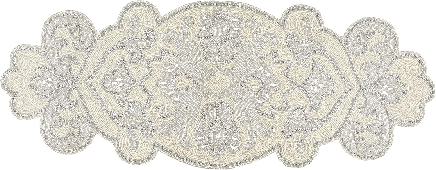 Hand Beaded Decorative Farmhouse Glitz Table Runner for Wedding, Easter, Christmas Party Decorations - A Beautiful Complement to Your Dinner Table Décor-13x36 Inch- Silver Ivory